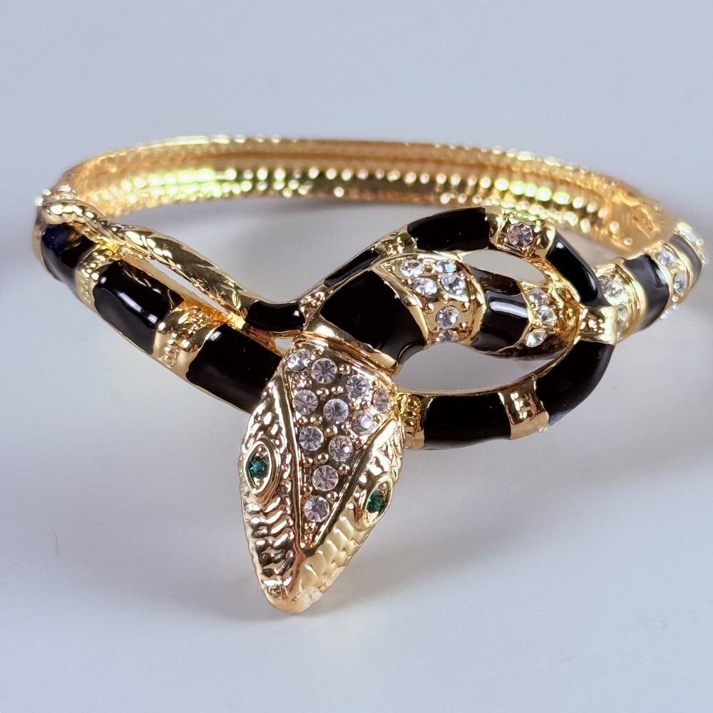 Rare Snake Cuff Bracelet Emerald Green Eyes Gold Enamel Rhinestone Push Lock